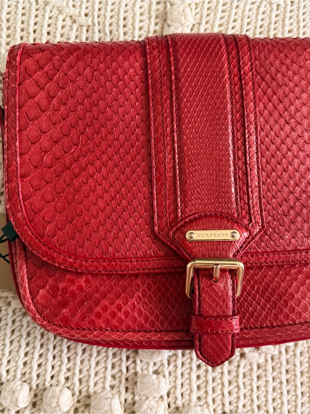 Burberry Red Textured Python-Style Leather Crossbody with Gold Buckle